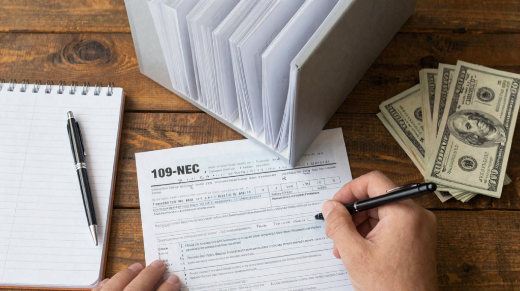 Hands organizing IRS Form 1099-NEC documents into an accordion folder next to physical cash reserves and a handwritten freelance deduction logbook
