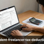 A college student working on a laptop in a dorm room with tax forms and a calculator on the desk.