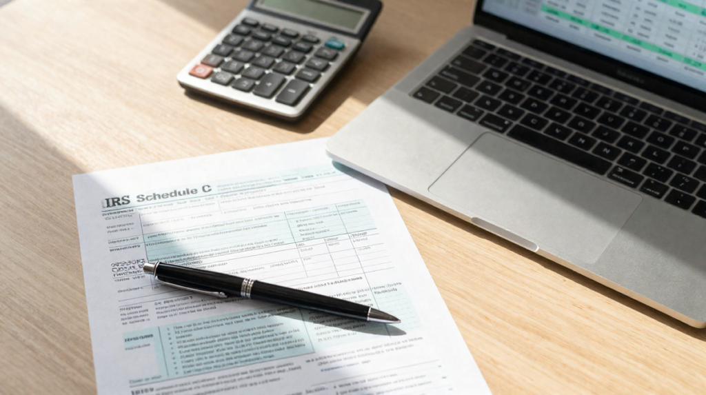 A detailed view of IRS Schedule C tax form highlighting line items for business expenses.
