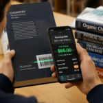 A college student scanning an academic textbook barcode with a smartphone app to check resale profit.