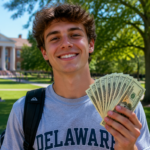Best Weekend Cash Only Jobs for College Students Near Me (2026 Guide) A university student happily holding physical cash earnings outdoors on a campus during the weekend.