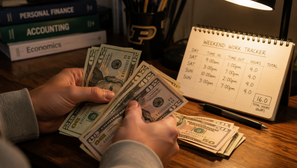 A student neatly stacking physical cash banknotes on a wooden desk to track weekend income.
