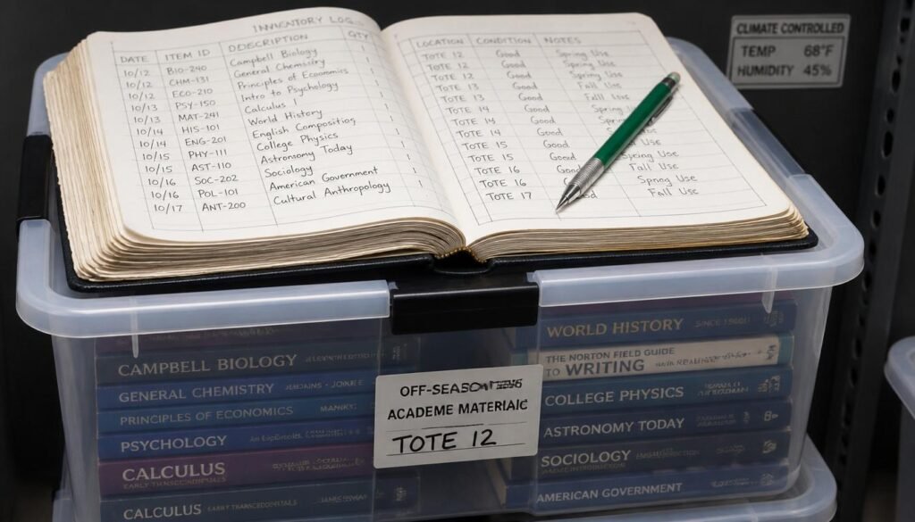 A handwritten inventory log book resting on top of a plastic storage bin filled with university textbooks.
