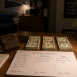 A student's budget planner desk with physical cash partitioned into separate cash envelopes.