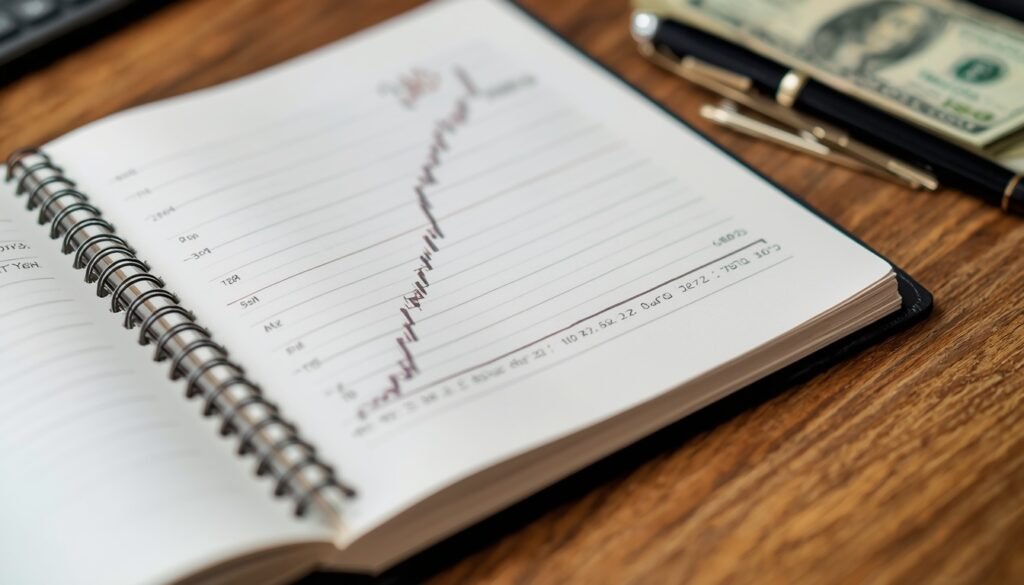 An open physical ledger tracking cash flow balances on a desk during freelance client payment delays.
