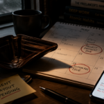 An empty leather wallet next to a handwritten calendar tracking delayed freelance client payouts.