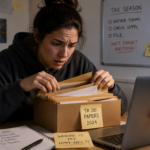 An anxious student freelancer searching through paper envelopes for a missing 1099-NEC tax form at a desk.