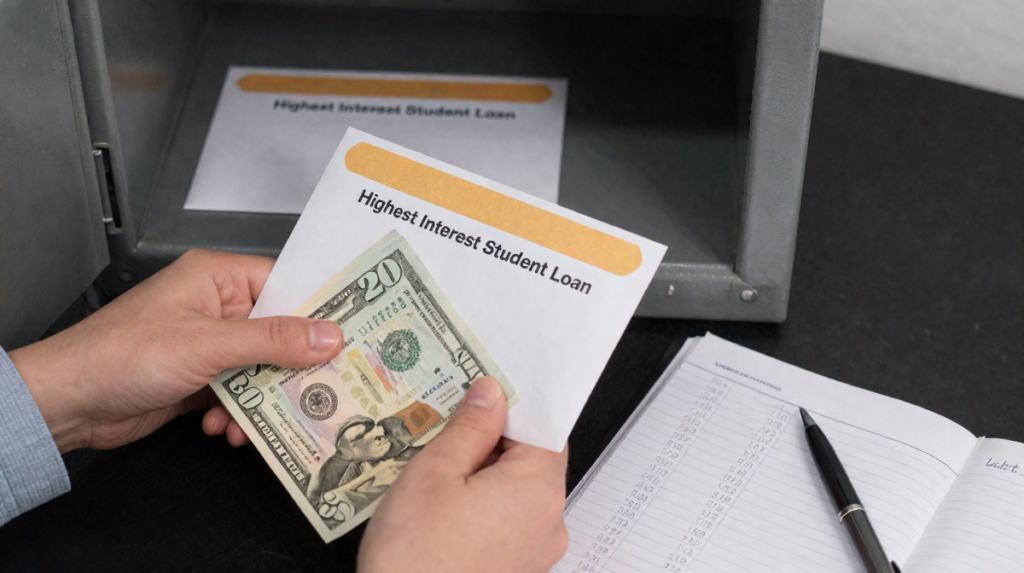Hands organizing physical US dollar bills into labeled polymer envelopes for an offline student debt avalanche strategy
