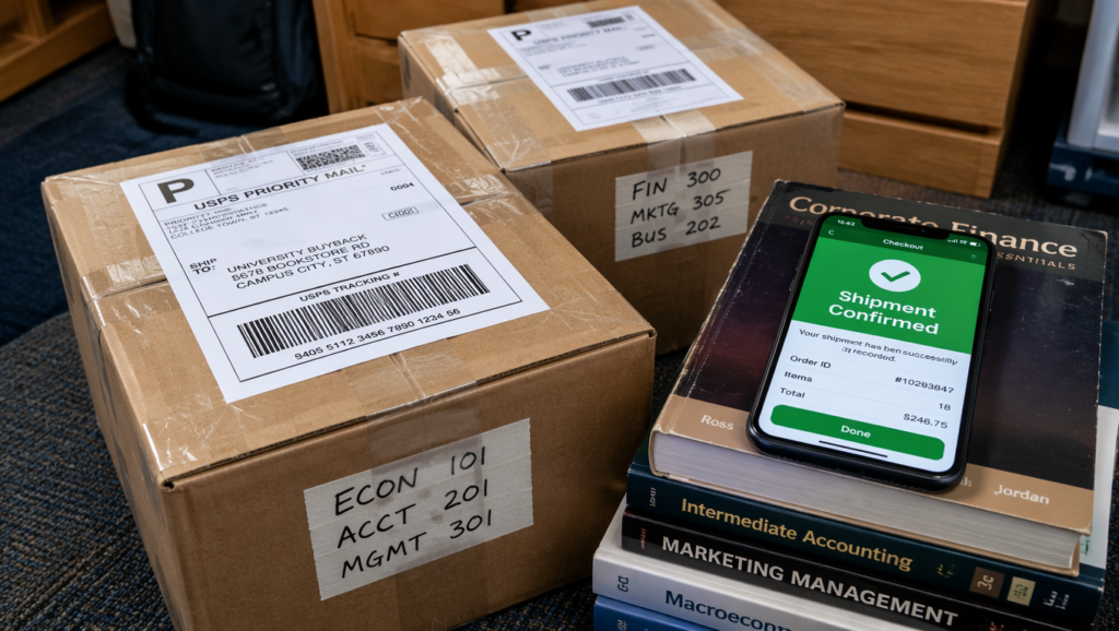 Cardboard boxes packed with university textbooks and pre-paid labels ready for resale shipment.
