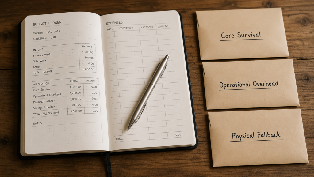 Separate physical paper envelopes organized for tactical cash partitioning and freelance budgeting.

