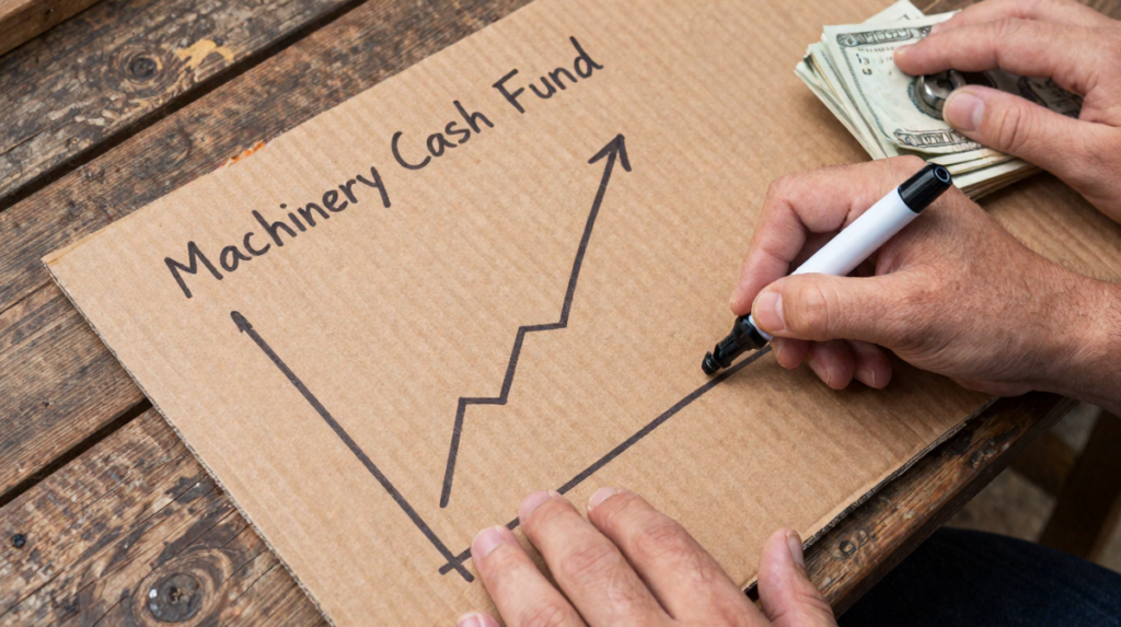 Hands drawing a cash progress chart on a large piece of cardboard on an outdoor wooden workbench.