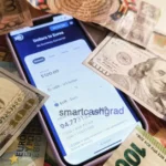 A close-up of hands holding a debit card while staring nervously at a phone banking interface screen