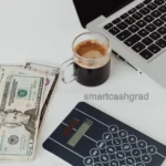 Monthly Budget Template for Students With Irregular Income A college student writing down budget categories in a planner next to a laptop displaying spreadsheets.
